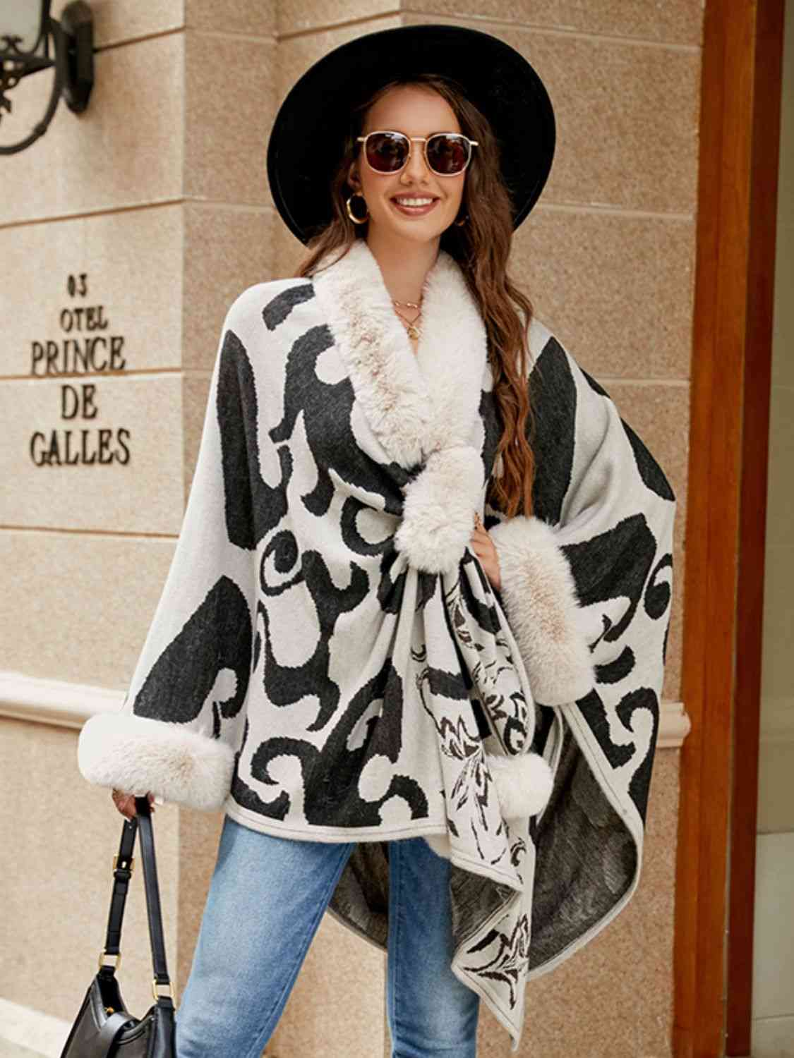 Faux Fur Trim Poncho - T - 5 COLORS -