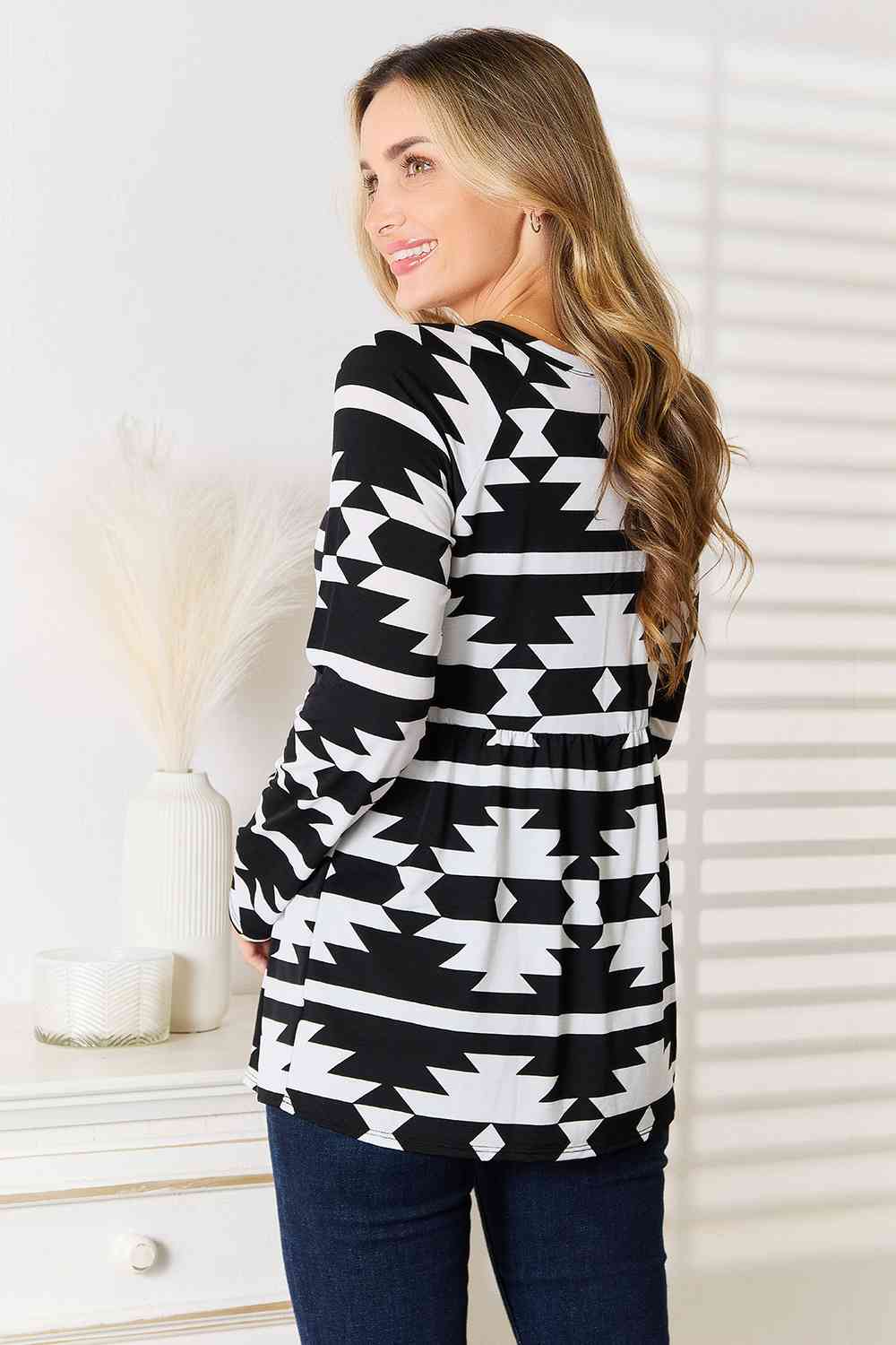 Heimish Full Size Geometric Notched Neck Long Sleeve Top - SIZES S THRU 3XL - T - 1 COLOR -