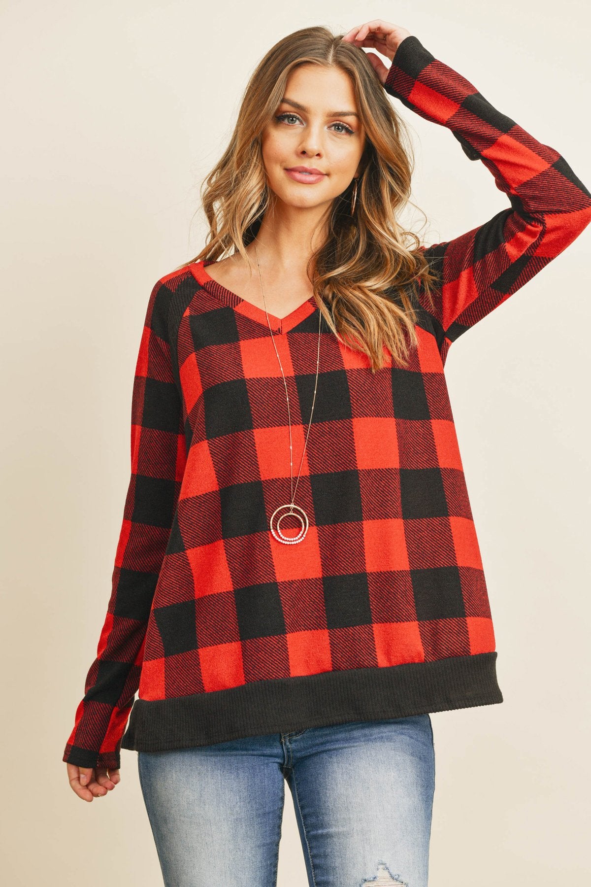 Riah Fashion - Checker Plaid V-Neck Long Sleeve Top - 2 COLORS -