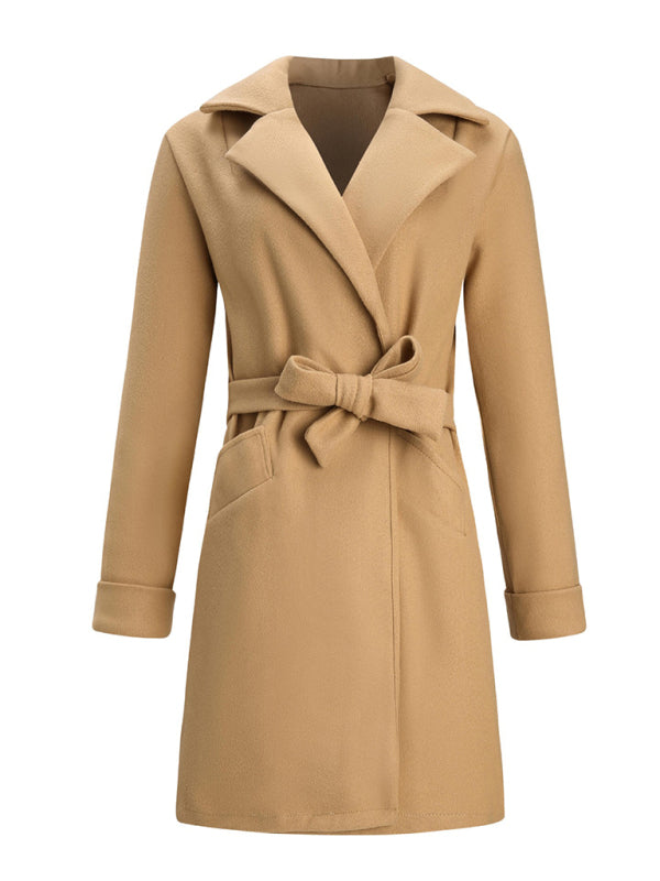 Women’s Stylish Solid Color Classy Collared Overcoat With Waist Tie And Hand Pockets - K - 3 COLORS --