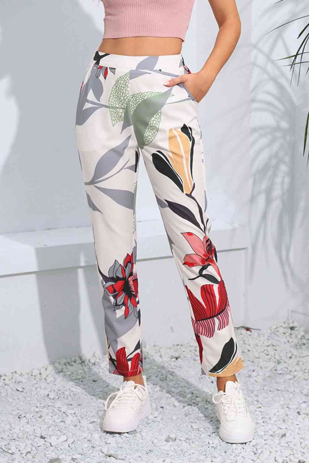 Floral Print Cropped Pants with Pockets - T - 1 COLOR -