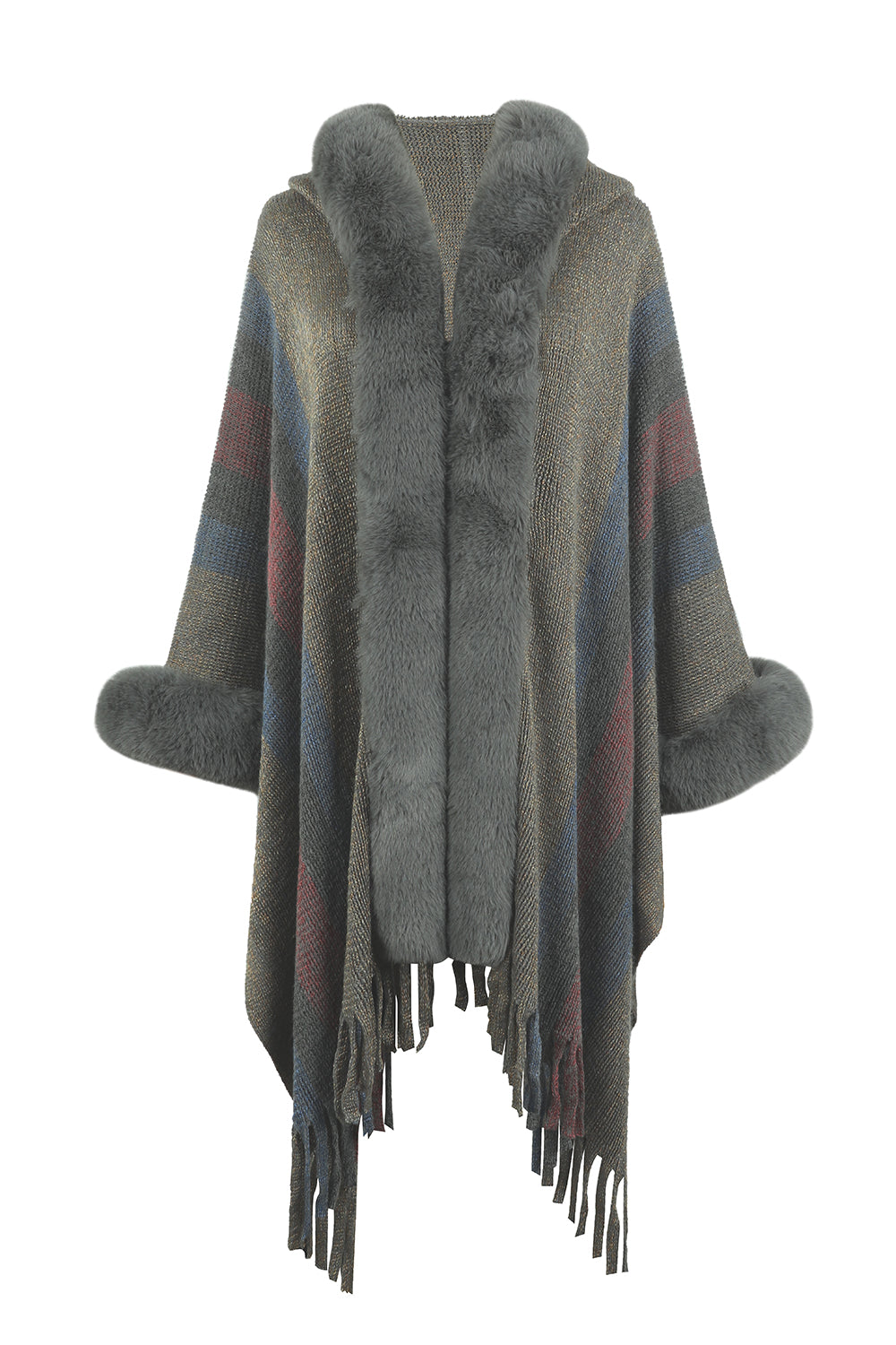 Color Block Fringe Detail Poncho - T - 4 COLORS -