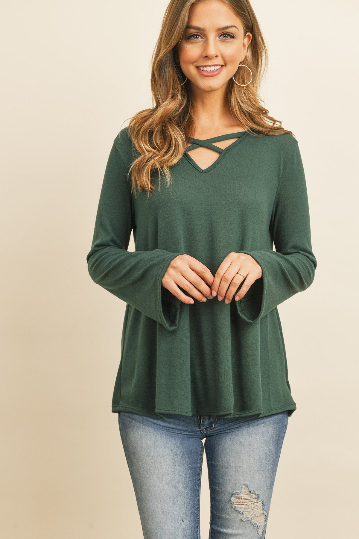 Criss Cross Neck Long Sleeve Hacci Top - 5 COLORS -