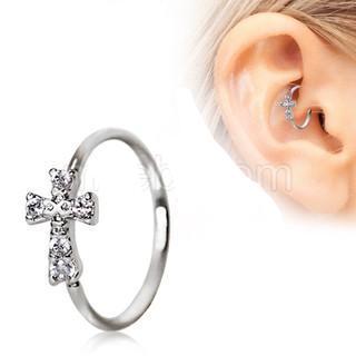 316L Stainless Steel Jeweled Cross Cartilage Earring / Nose Hoop Ring -