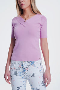 Thumbnail for Q2 - Short Sleeve Pink Sweater With v Neck - 1 COLOR -