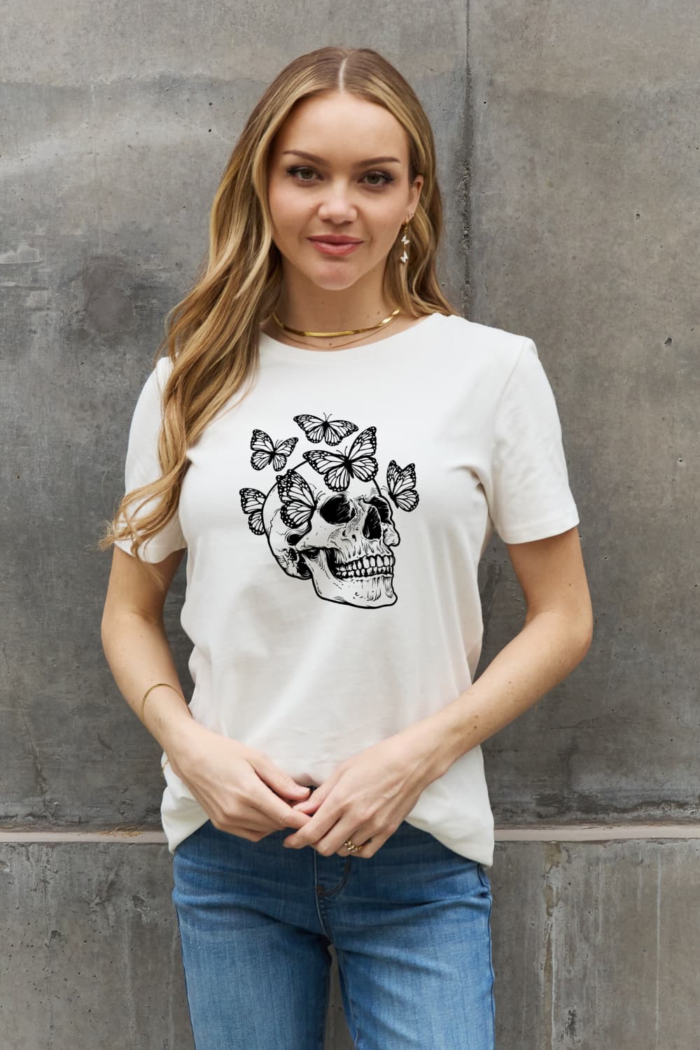 Simply Love Full Size Butterfly Skull Graphic Cotton Tee - T - 2 COLORS -