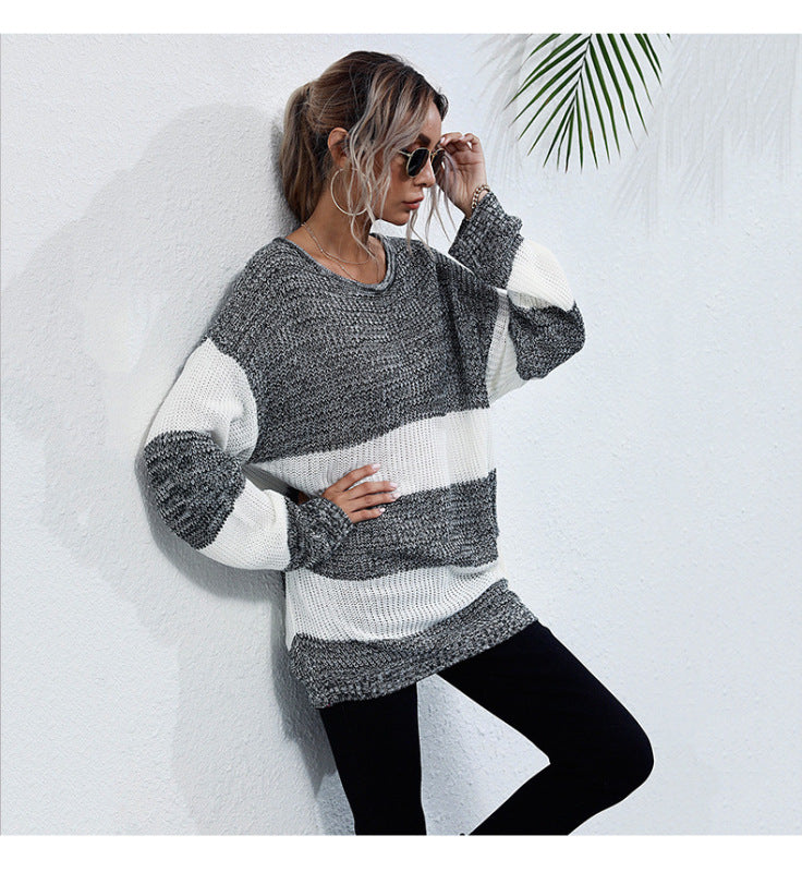 Women's mid-length color block knitted sweater - K - 1 COLOR -