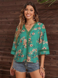 Thumbnail for Women's V-neck printed patchwork lace flared sleeve top - K - 5 COLORS / PATTERNS -