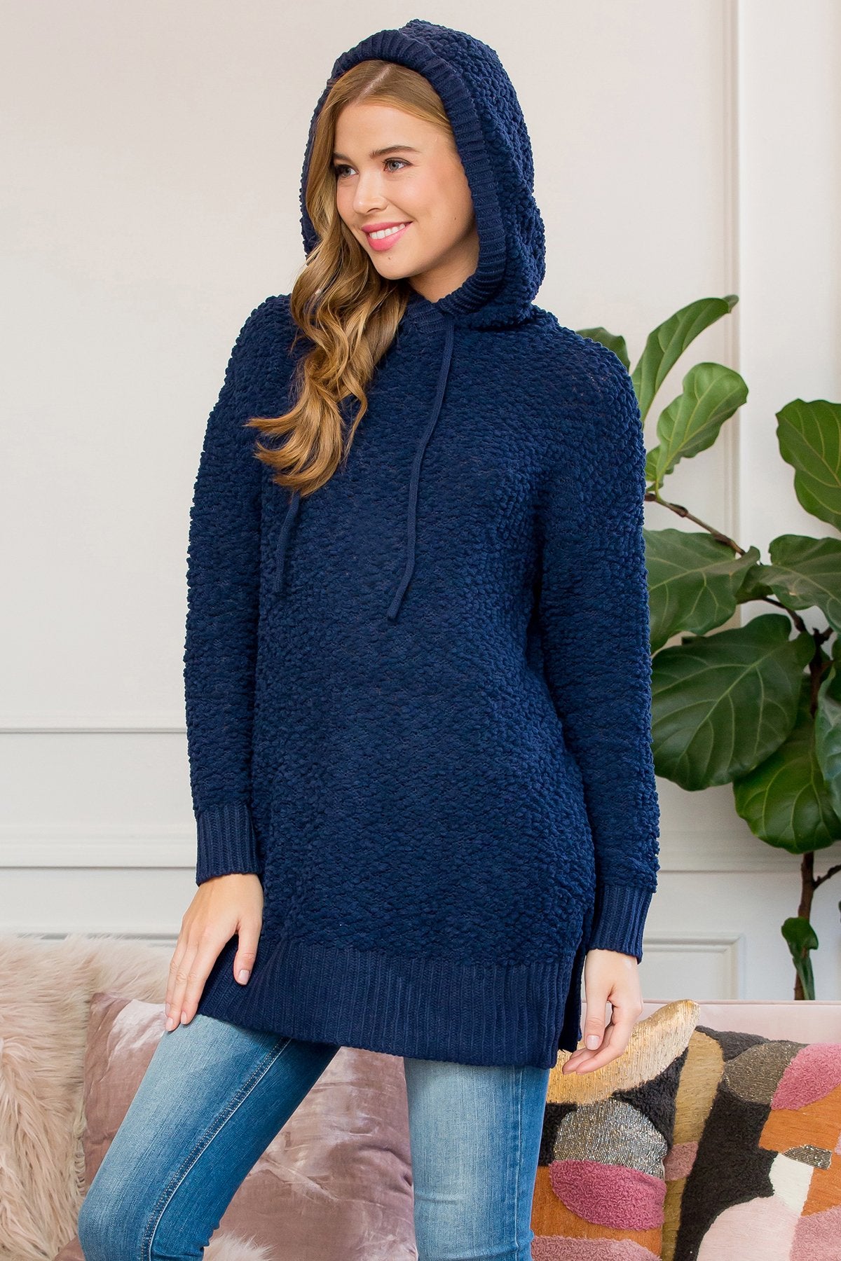 Riah Fashion - Popcorn Rib Detail Hooded Pullover - 16 COLORS -