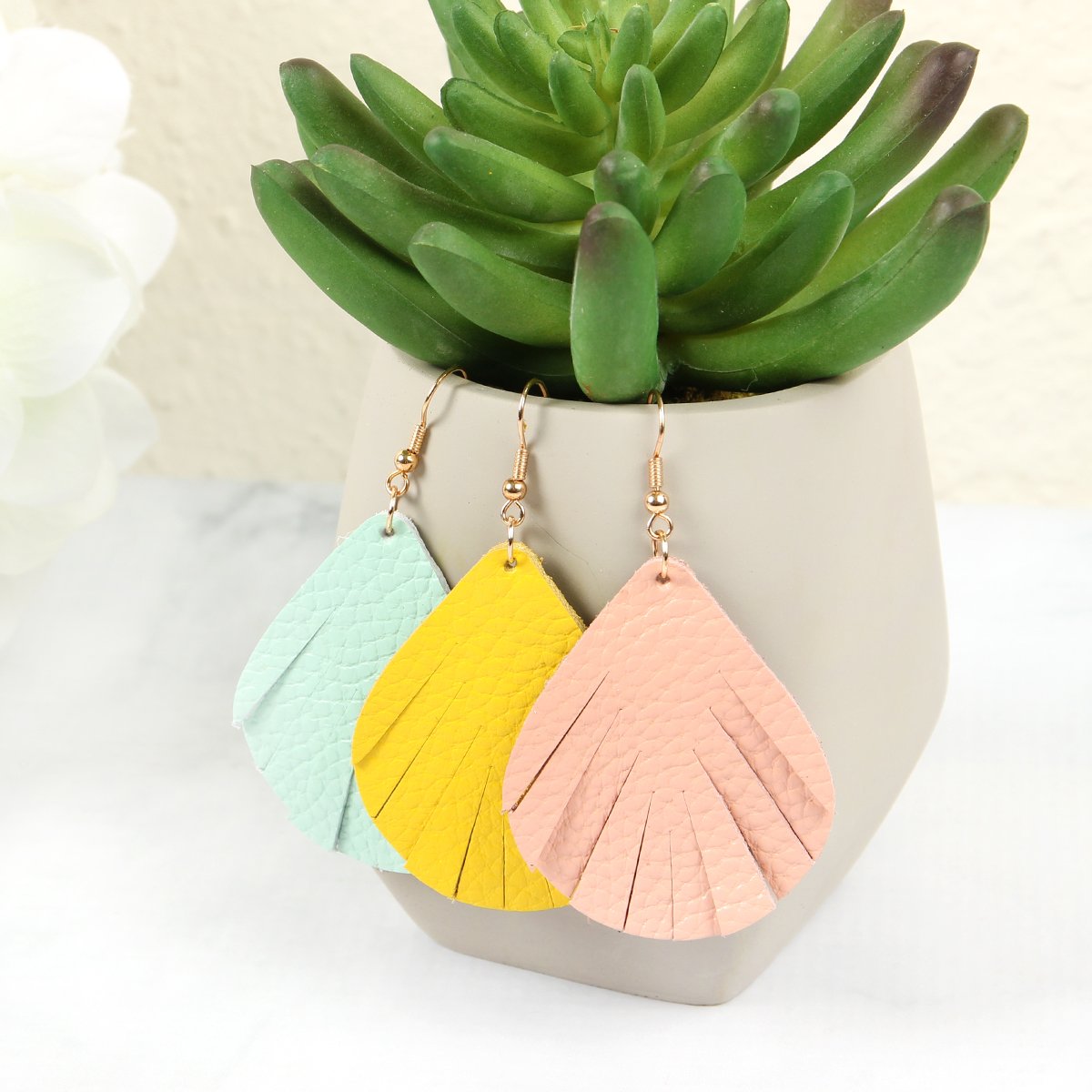 Fringed Pear Shaped Leather Earrings - 10 COLORS