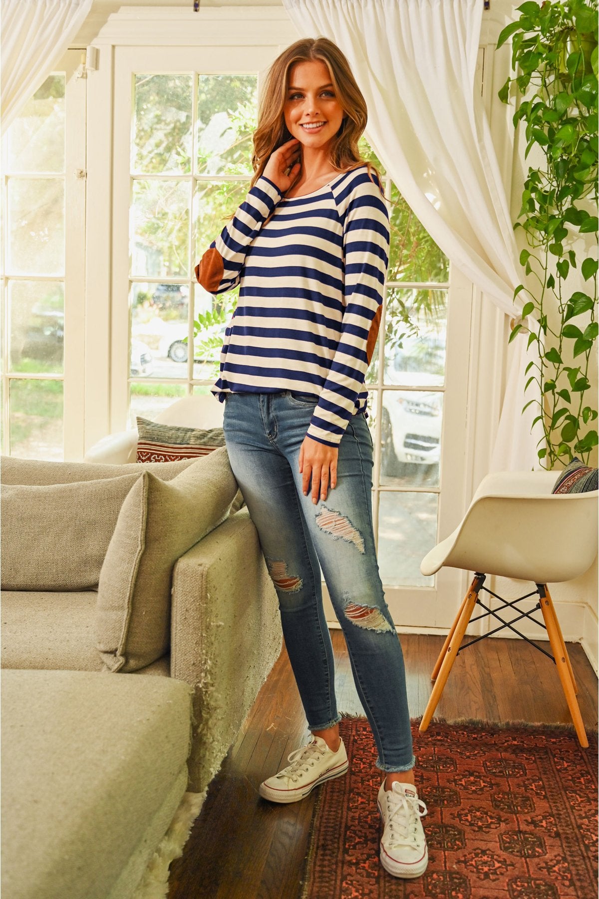 Riah Fashion - Elbow Suede Patch Striped Tunic - 6 COLORS -