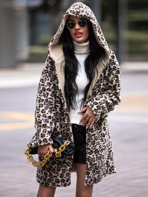 Faux Leopard Print Hooded Teddy Coat - T - 1 COLOR -