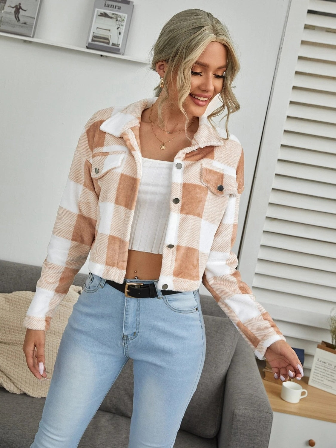 Plaid Button Down Collared Jacket - T - 4 COLORS -