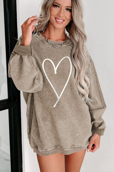 Heart Round Neck Dropped Shoulder Sweatshirt - T - 4 COLORS -