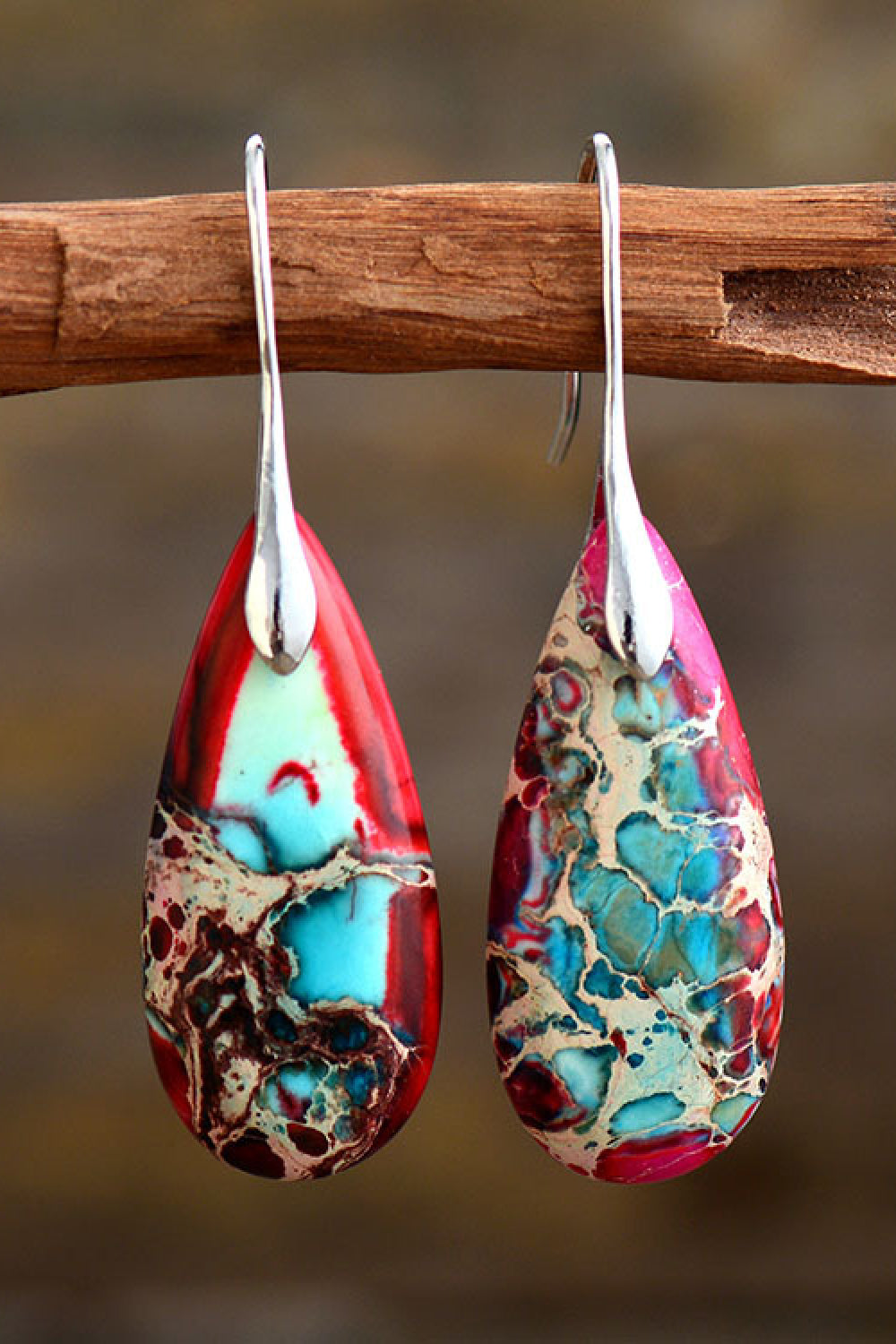 Handmade Teardrop Shape Natural Stone Dangle Earrings - T - 6 STONES / COLORS -