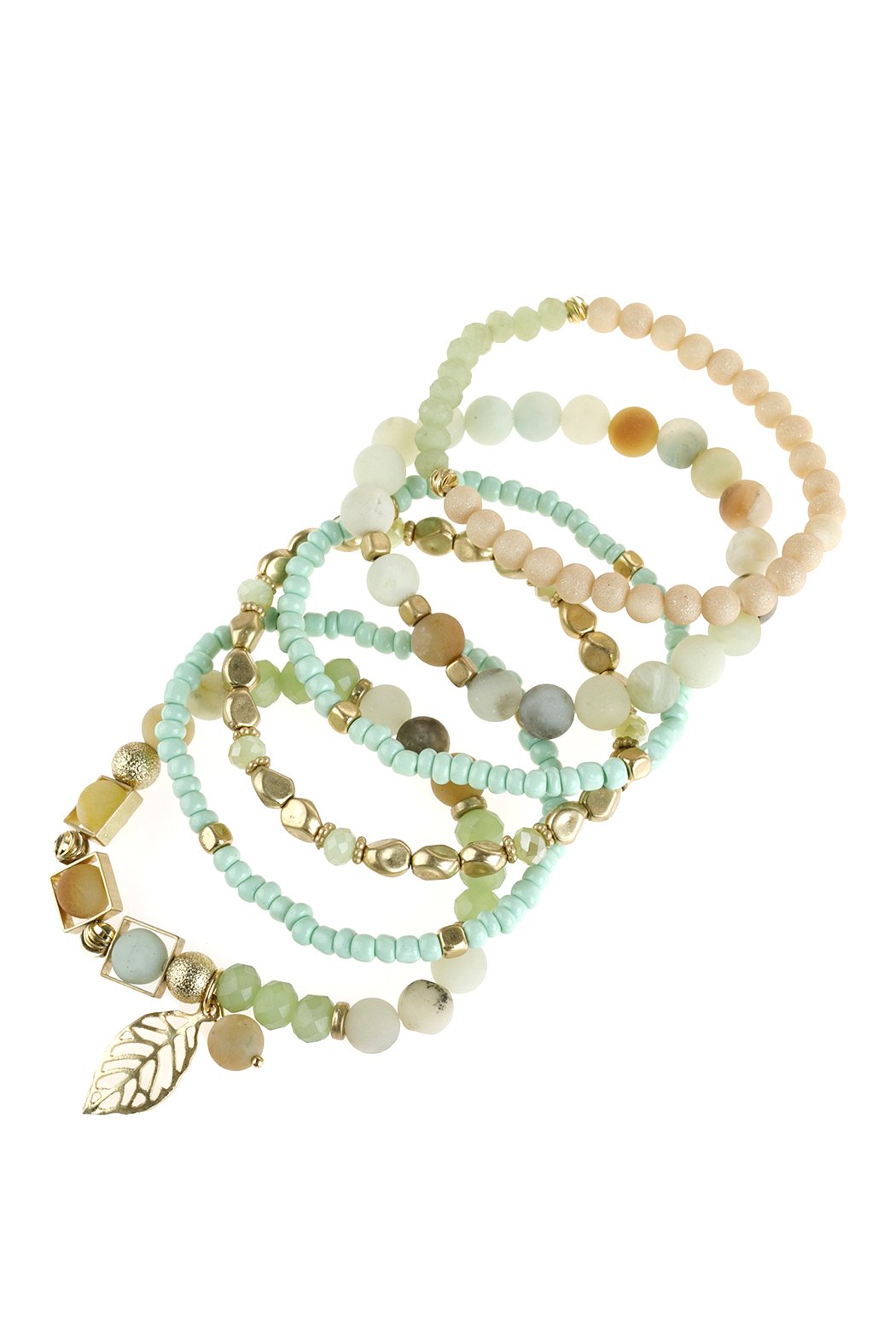 Natural Stone Mixed Beads Leaf Charm Bracelet - 5 COLORS