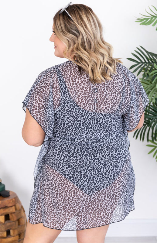 Leopard Print Drawstring Ruffled Plus Size Kimono - K - PLUS SIZES - 1 PRINT -