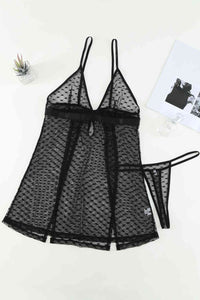 Thumbnail for Heart Print Slit Hem Babydoll Lingerie Set with Thong - 2 PCS. - T - 1 COLOR -