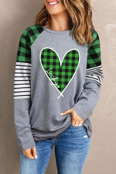 Plaid Heart Raglan Sleeve Sweatshirt - T - 1 COLOR -