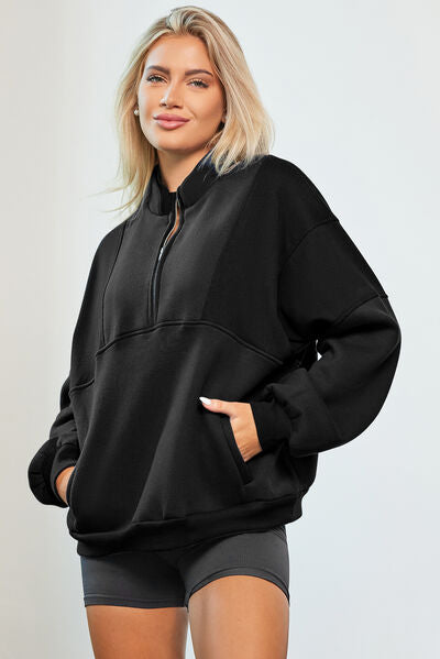 Half Zip Dropped Shoulder Sweatshirt - T - 2 COLORS -