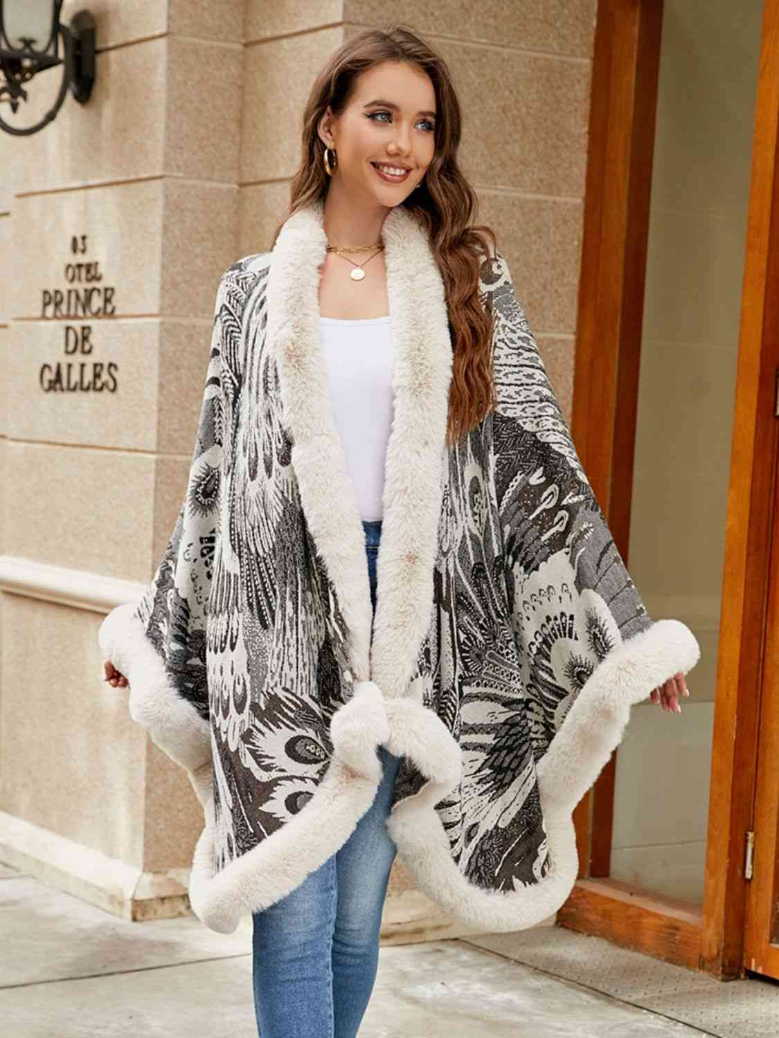 Printed Open Front Poncho - T - 5 COLORS -