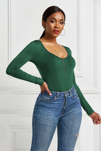 Half Zip Scoop Neck Long Sleeve Bodysuit - T - 10 COLORS -