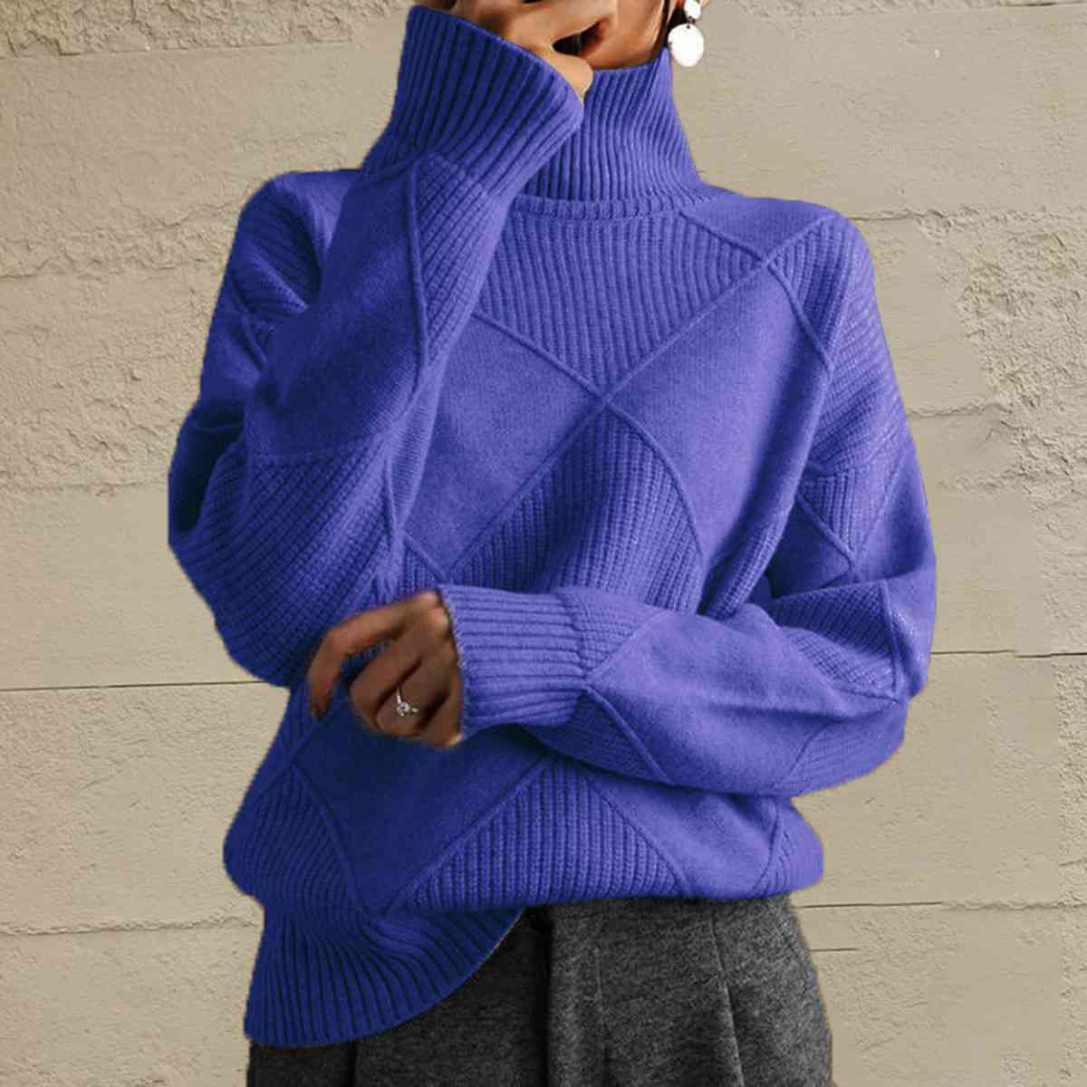 Geometric Turtleneck Long Sleeve Sweater - T - 8 COLORS -