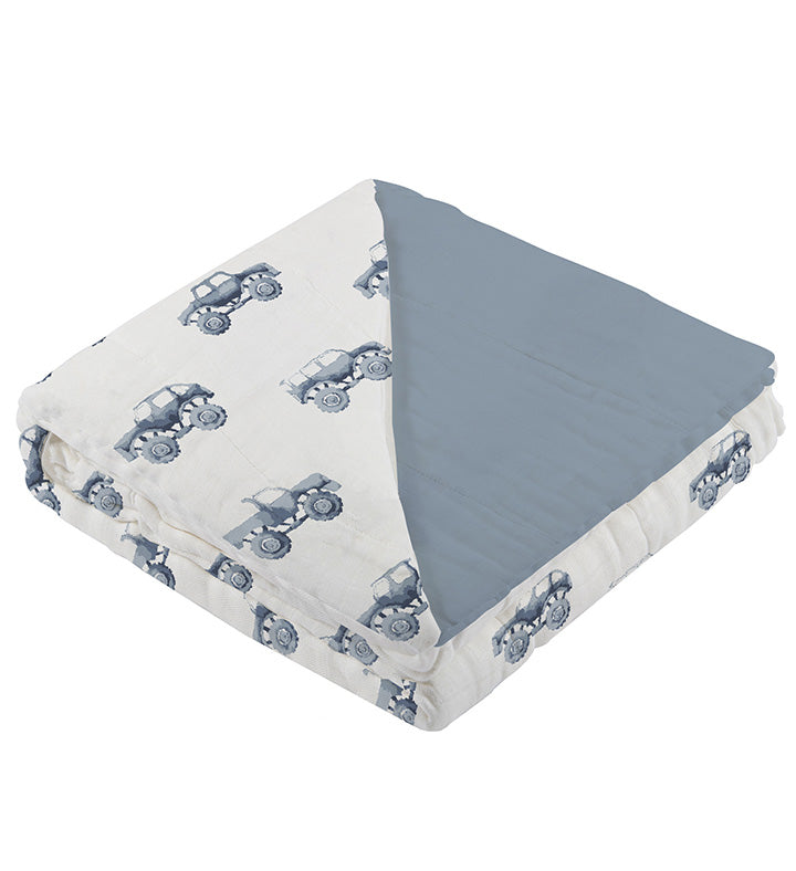 Newcastle - Indigo Monster Trucks and Blue Fog Cotton Newcastle Blanket -