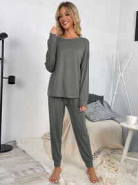 Thumbnail for Round Neck Top and Drawstring Pants Lounge Set - 2 PCS. - T - 4 COLORS -