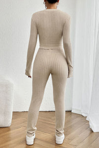 Thumbnail for Ribbed V-Neck Long Sleeve Cropped Top and Pants Set - 2 PCS. - T - 1 COLOR -