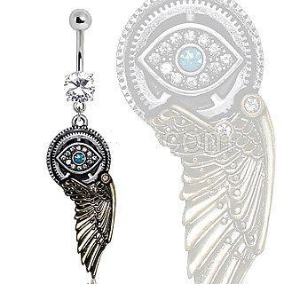 Gemmed Steampunk All Seeing Eye Navel Ring W/ Mechanical Wing Dangle Belly Ring -