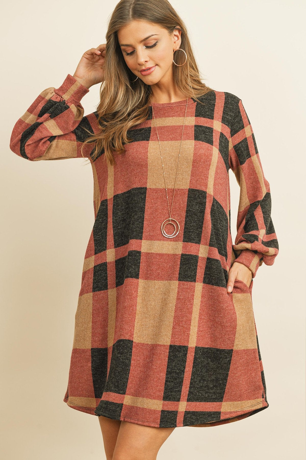 Riah Fashion - Round Neck Puff Sleeved Plaid Knee Length Dress - 3 COLORS -