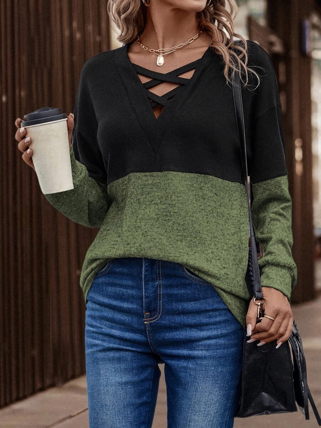 Two-Tone Crisscross Detail Sweatshirt - T - 5 COLORS -