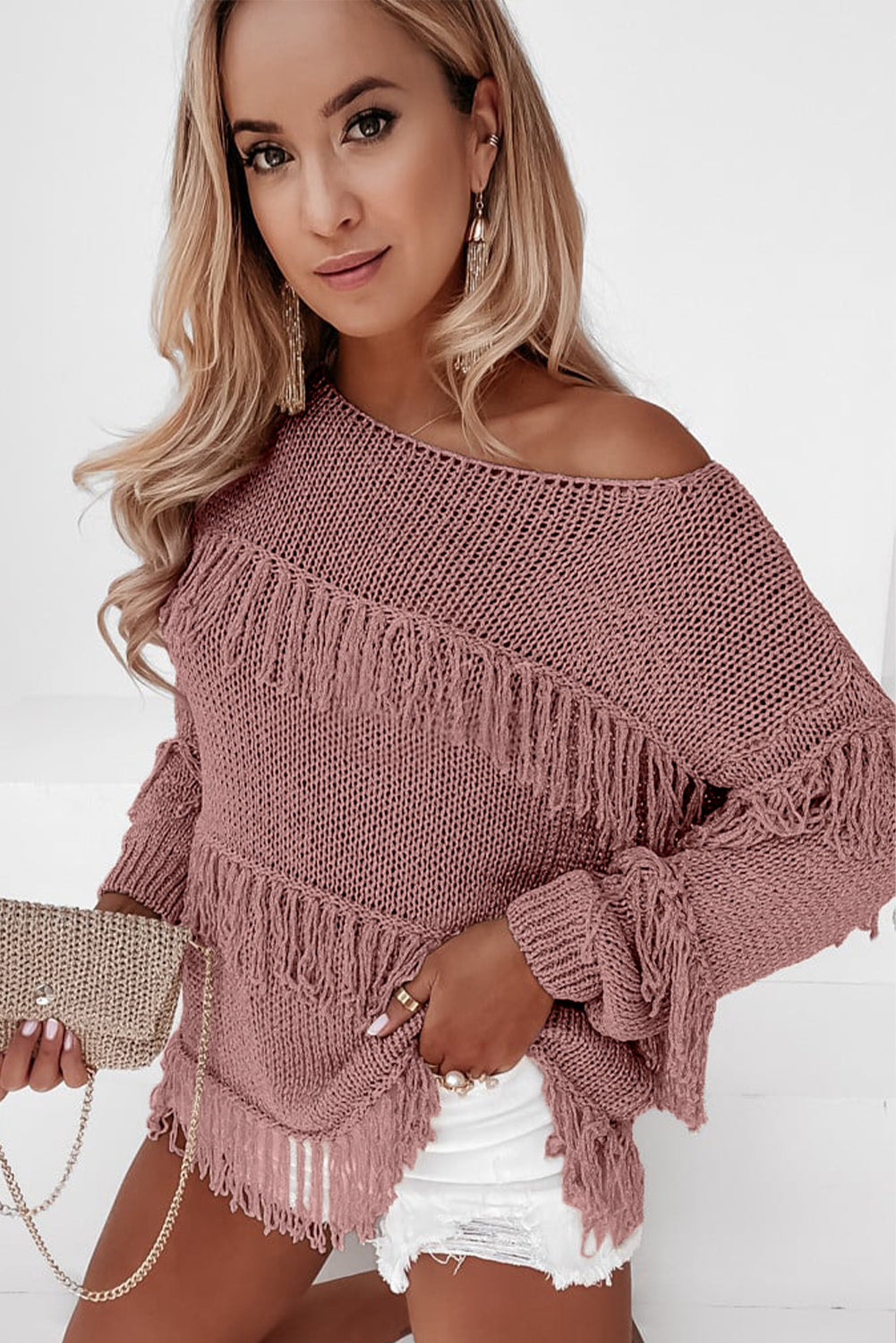 Fringe Detail Long Sleeve Sweater - T - 2 COLORS -