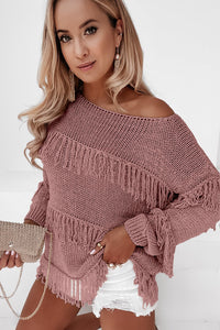 Thumbnail for Fringe Detail Long Sleeve Sweater - T - 2 COLORS -