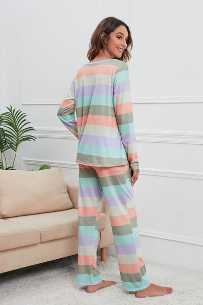 Striped Round Neck Long Sleeve Top and Drawstring Pants Lounge Set - 2 PCS. - T - 4 COLORS -