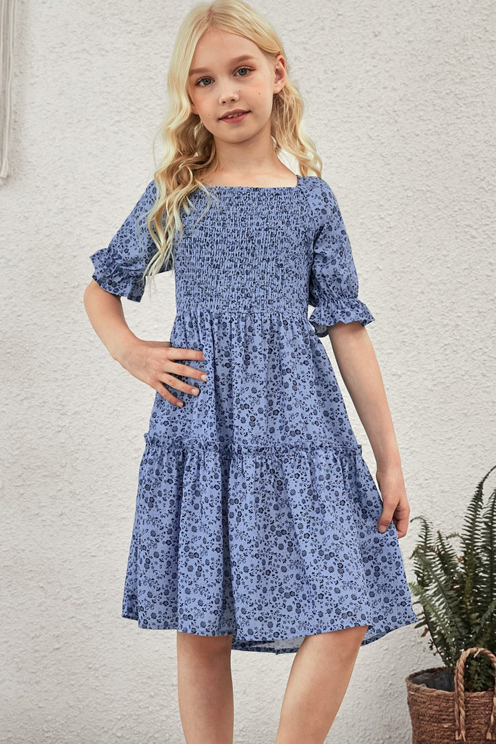 Girls Printed Smocked Flounce Sleeve Dress - T - 4 SIZES - 1 COLOR -