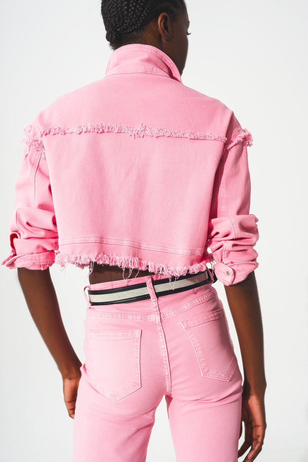 Q2 - Cropped Denim Trucker Jacket in Pink - 1 COLOR -