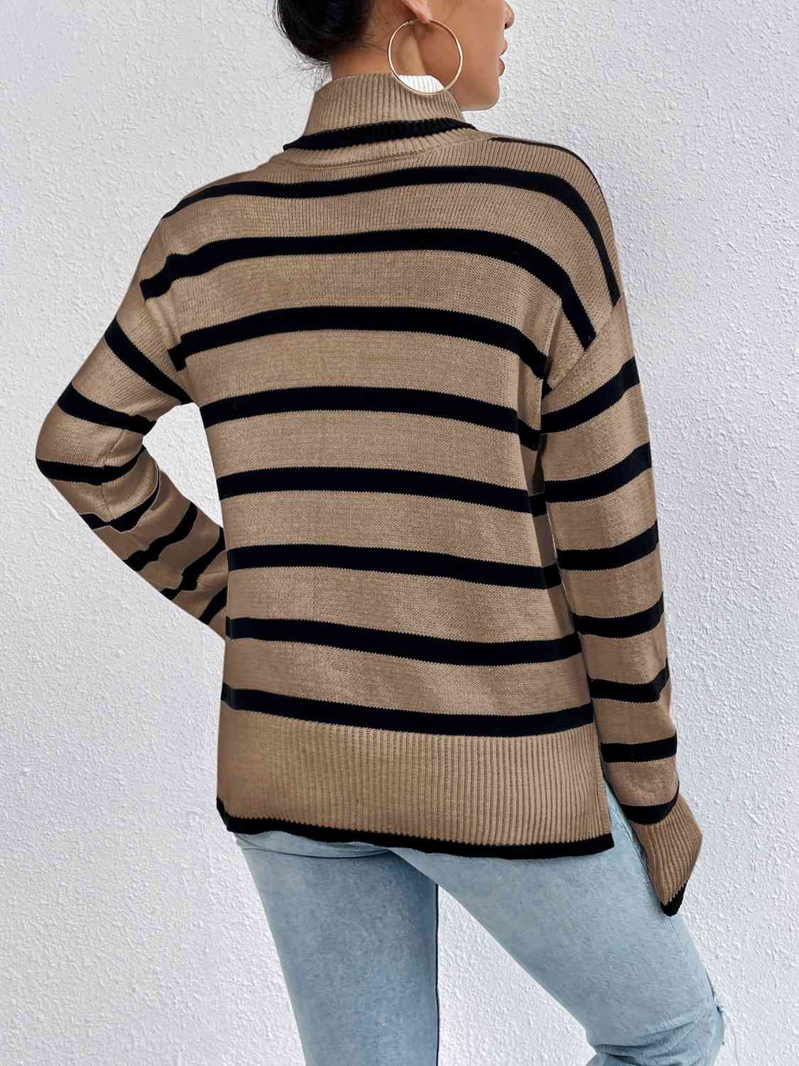 Striped Turtleneck Drop Shoulder Sweater - T - 3 COLORS -