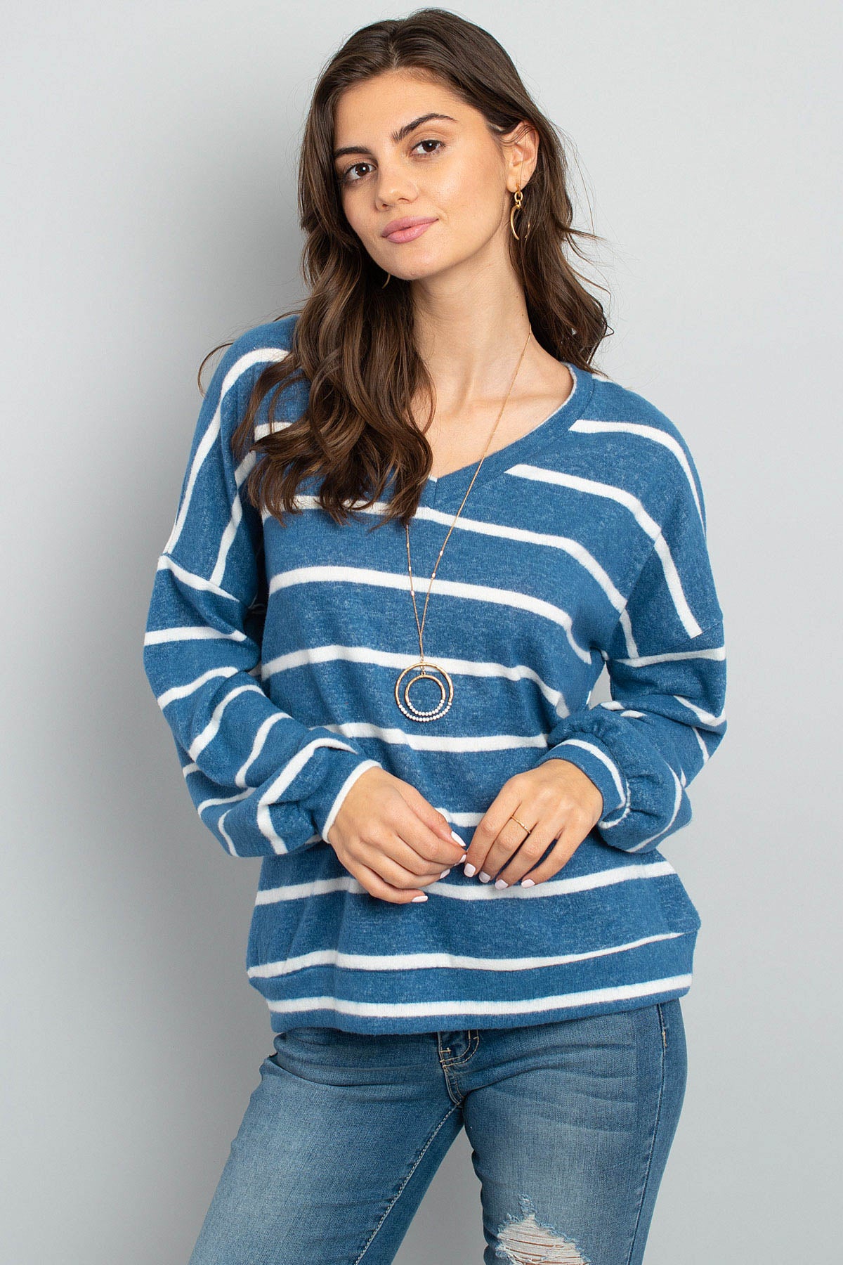 Riah Fashion - Oversized Puff Sleeved V-Neck Striped Top - 4 COLORS -