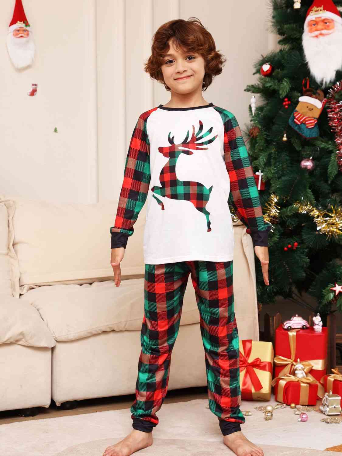 KIDS Reindeer Graphic Top and Plaid Pants Set - T -