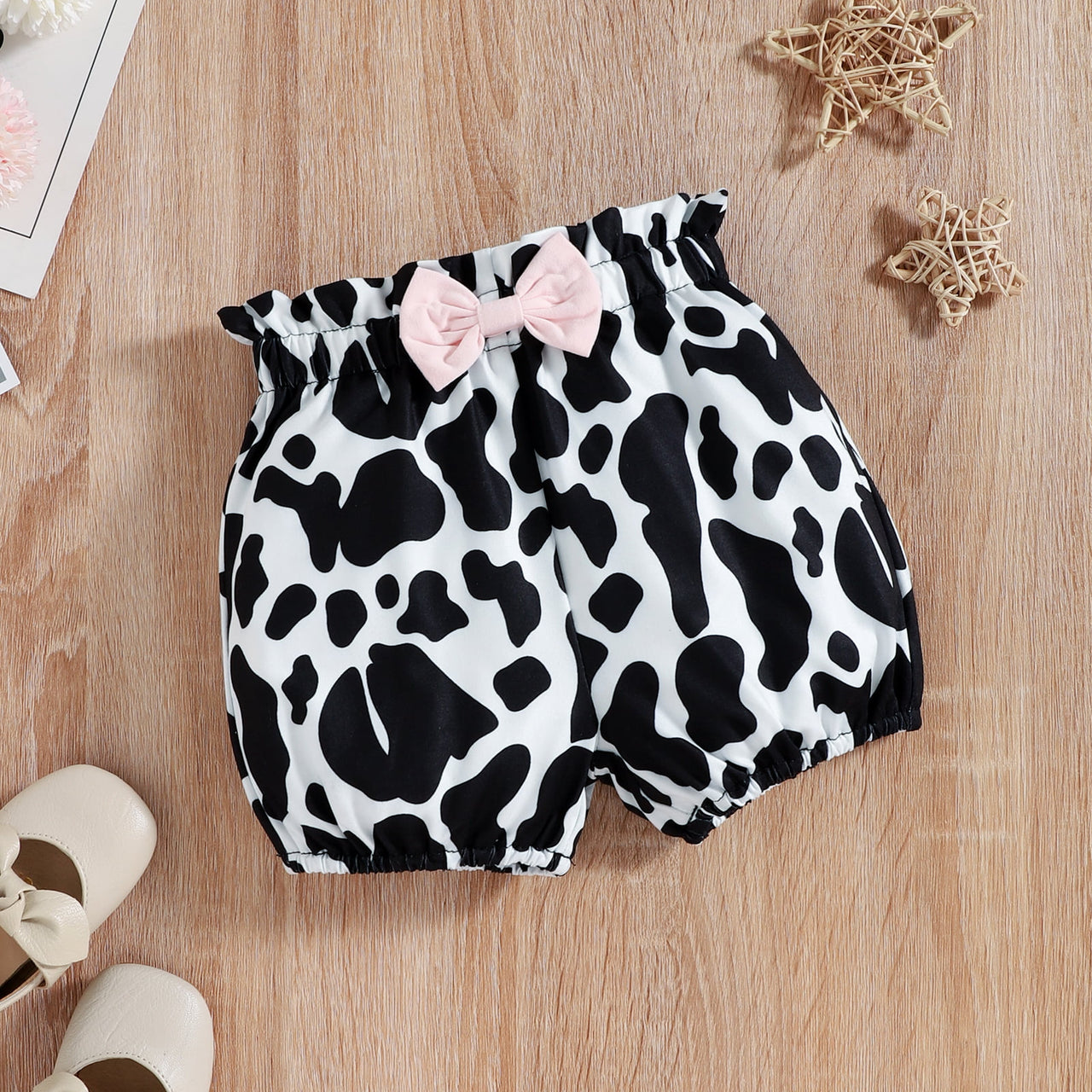 Graphic Ruffled Bodysuit and Cow Print Shorts Set with Headband - 3 PCS. - T- 1 COLOR -