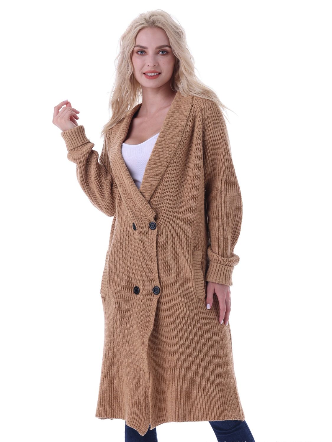 Double-Breasted Longline Cardigan with Pockets - T - 1 COLOR -