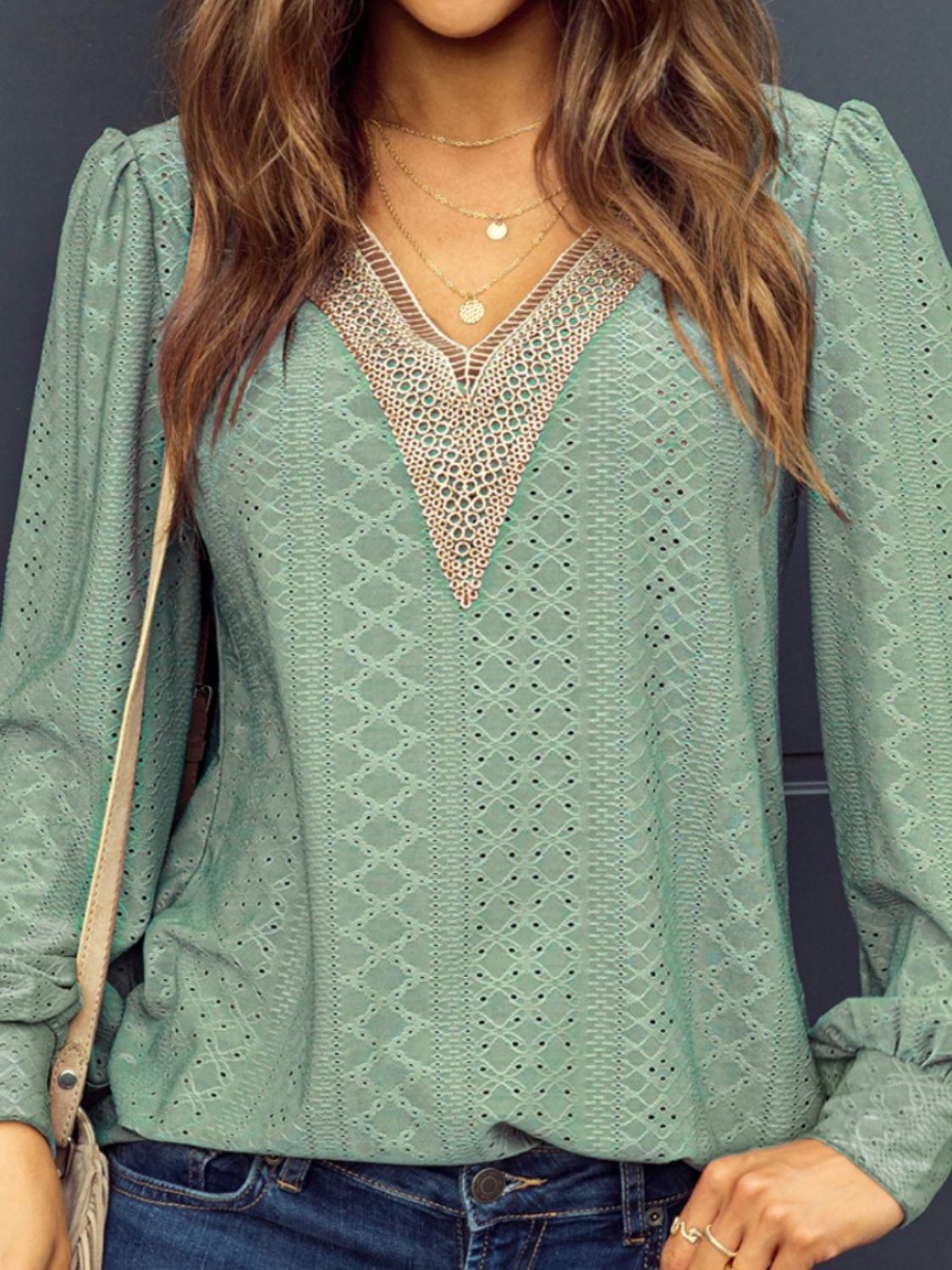 Eyelet V-Neck Long Sleeve Blouse - T - 7 COLORS -