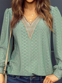 Thumbnail for Eyelet V-Neck Long Sleeve Blouse - T - 7 COLORS -