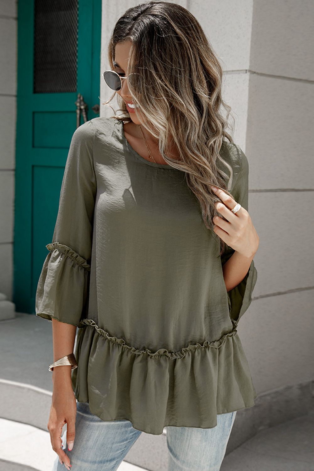 Frill Trim Round Neck Blouse - T - 1 COLOR -