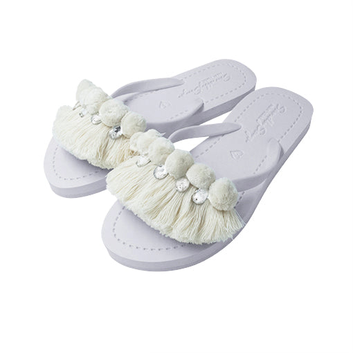 SAND BY SAYA N.Y. - White Pom Pom Fringe - Embellished Flat Flip Flops Sandal - 4 COLORS -