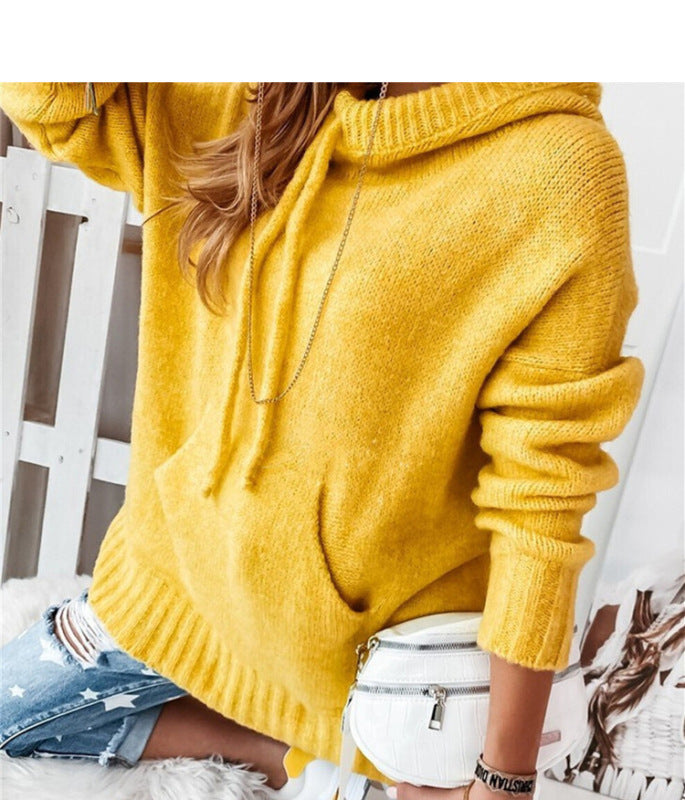 Women's Knitted Hoodie Kangaroo Pocket Casual Knitwear - K - 8 COLORS -