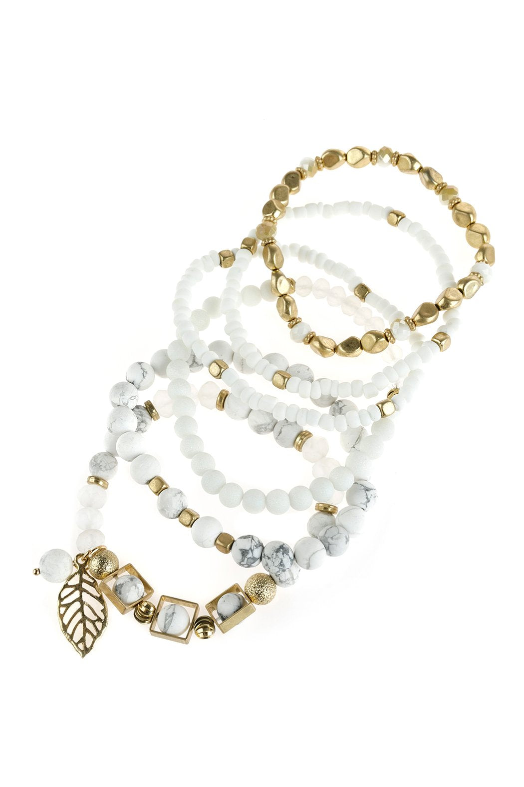 Natural Stone Mixed Beads Leaf Charm Bracelet - 5 COLORS