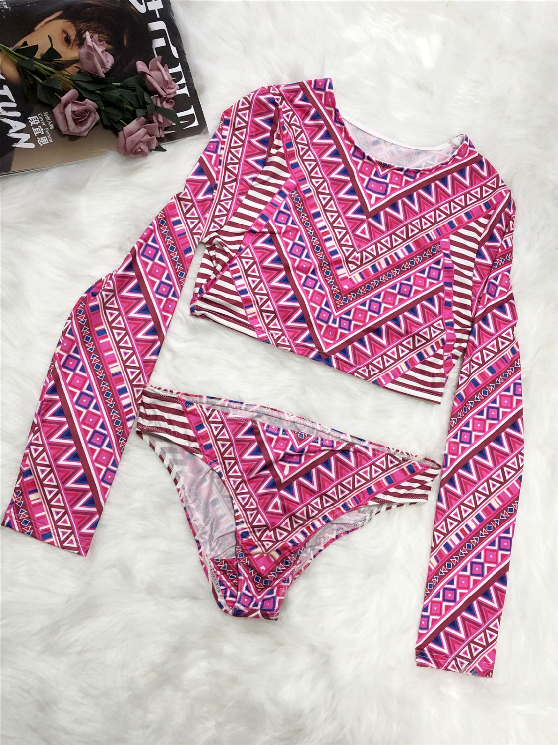 Printed Long Sleeve Top and Brief Swim Set - T - 2 COLORS -